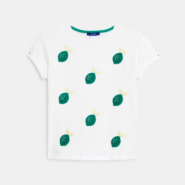 تيشيرت أبيض بأكمام قصيرة مطرزة، للفتيات